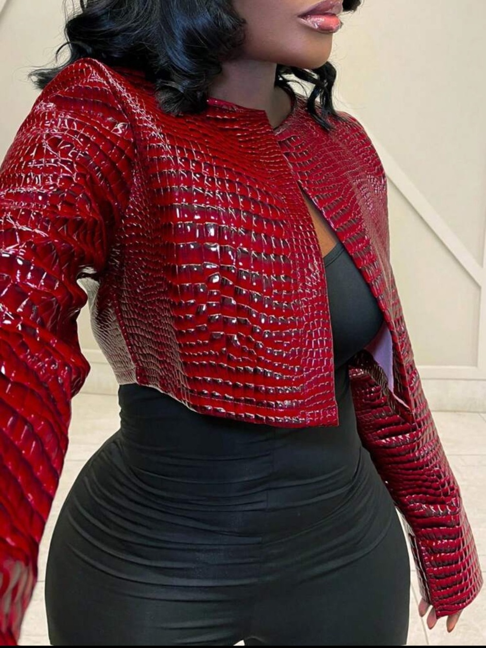 Croc-Embossed Red Cropped Jacket - Women Jackets & Coats